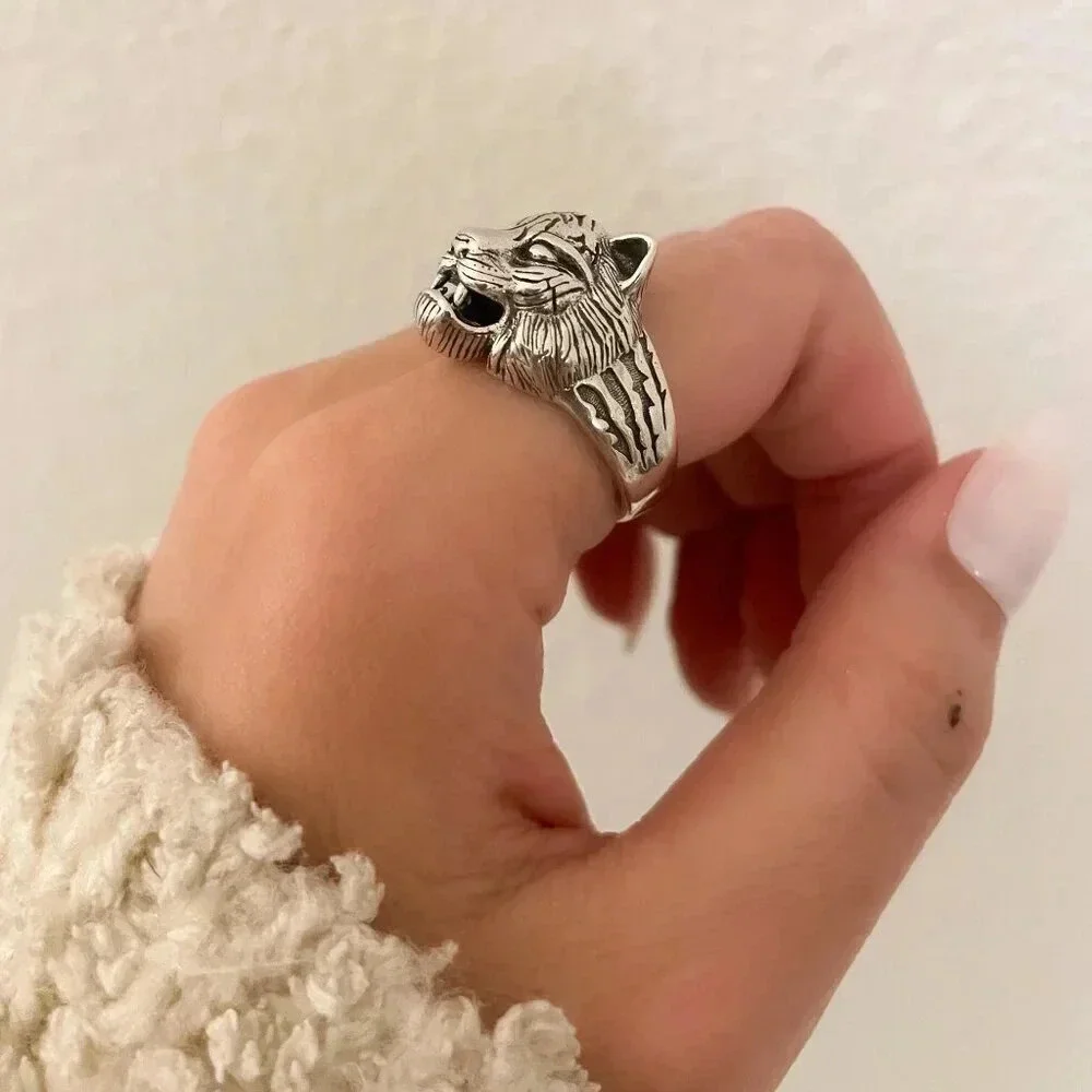 925 Sterling Silver Tiger Ring Unisex Cool Chunky Ring Bold Thick Ring
